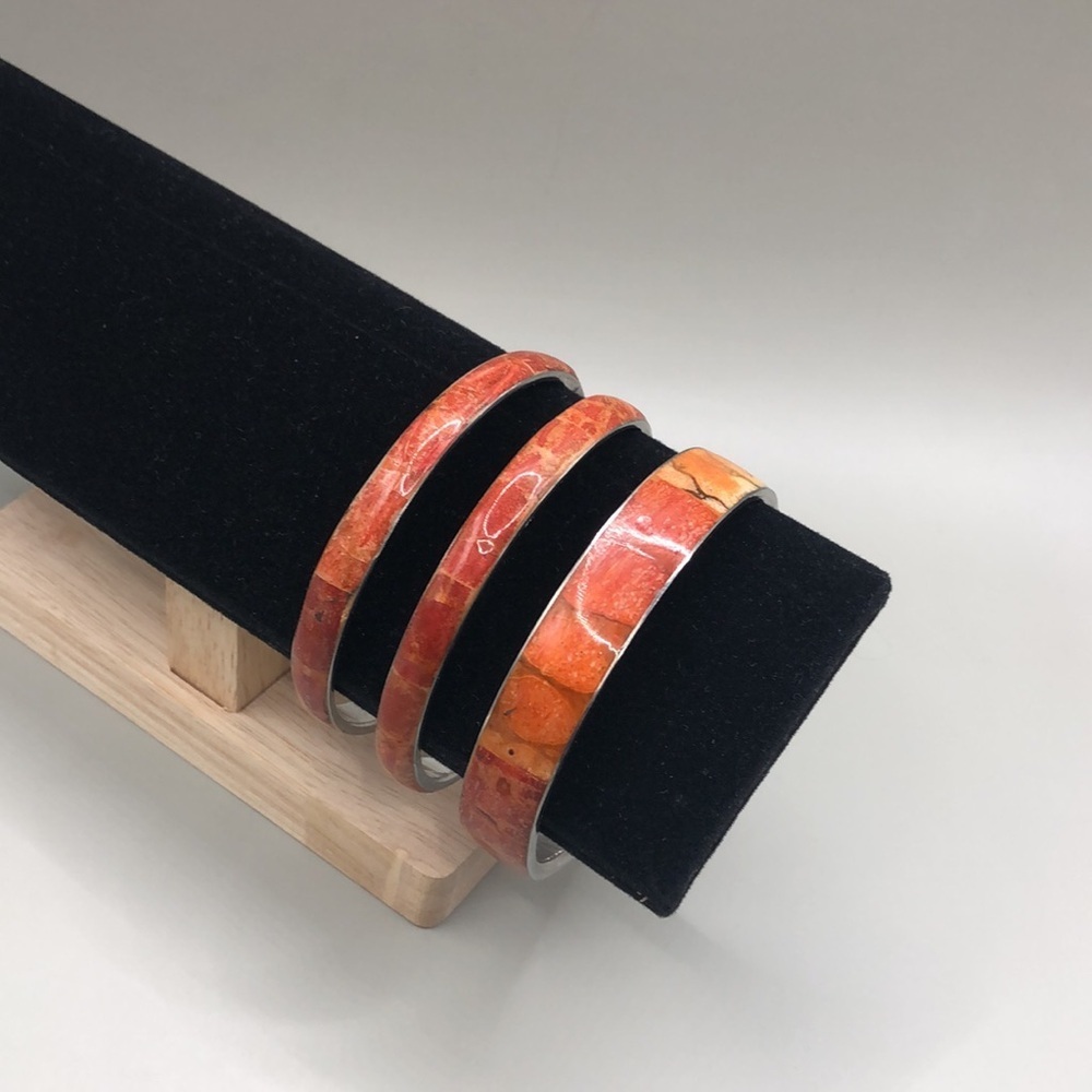 Vintage sponge coral inlay bangle bracelets lot 3 stackable layering skinny slim